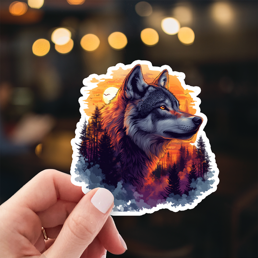 Double Exposure Timber Wolf in the Forest Sticker - Vinyl Decal