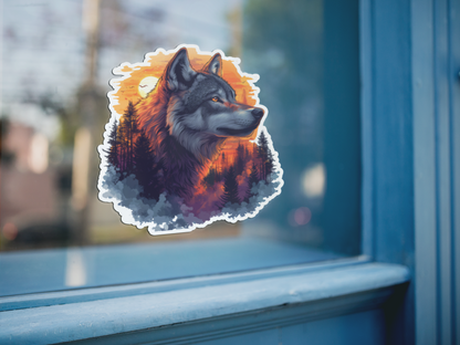 Double Exposure Timber Wolf in the Forest Sticker - Vinyl Decal