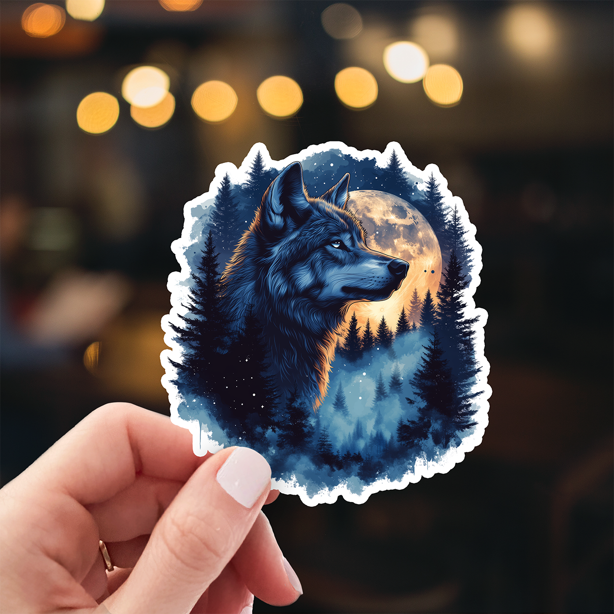 Double Exposure Timber Wolf with the Moon - Vinyl Decal