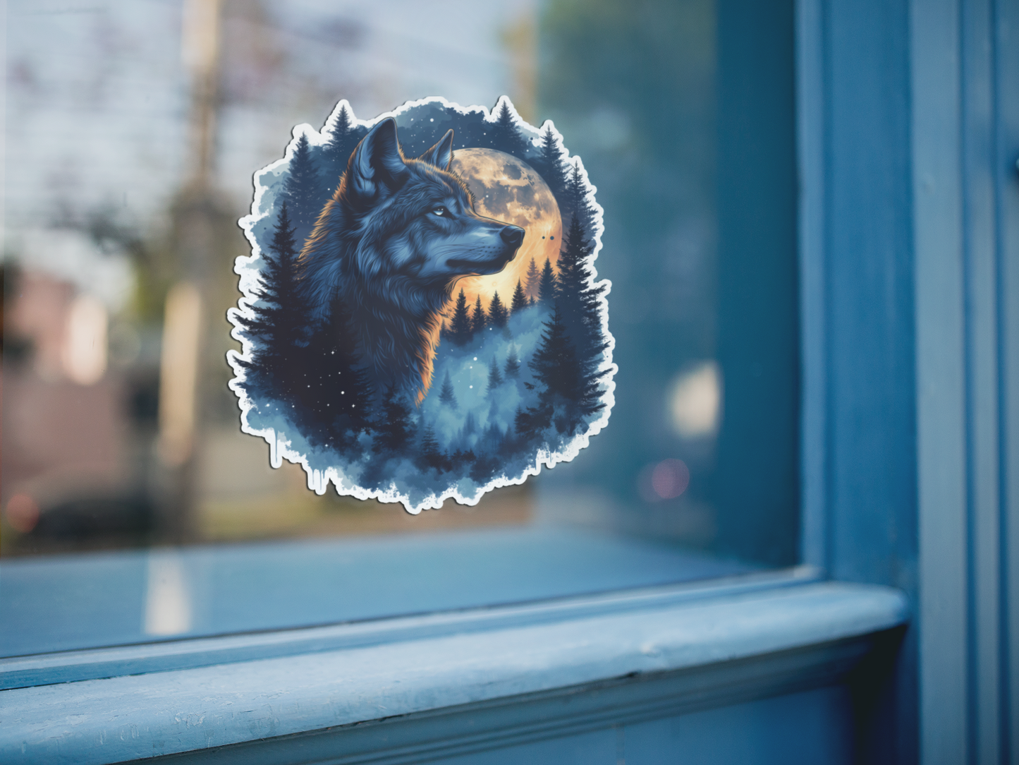 Double Exposure Timber Wolf with the Moon - Vinyl Decal