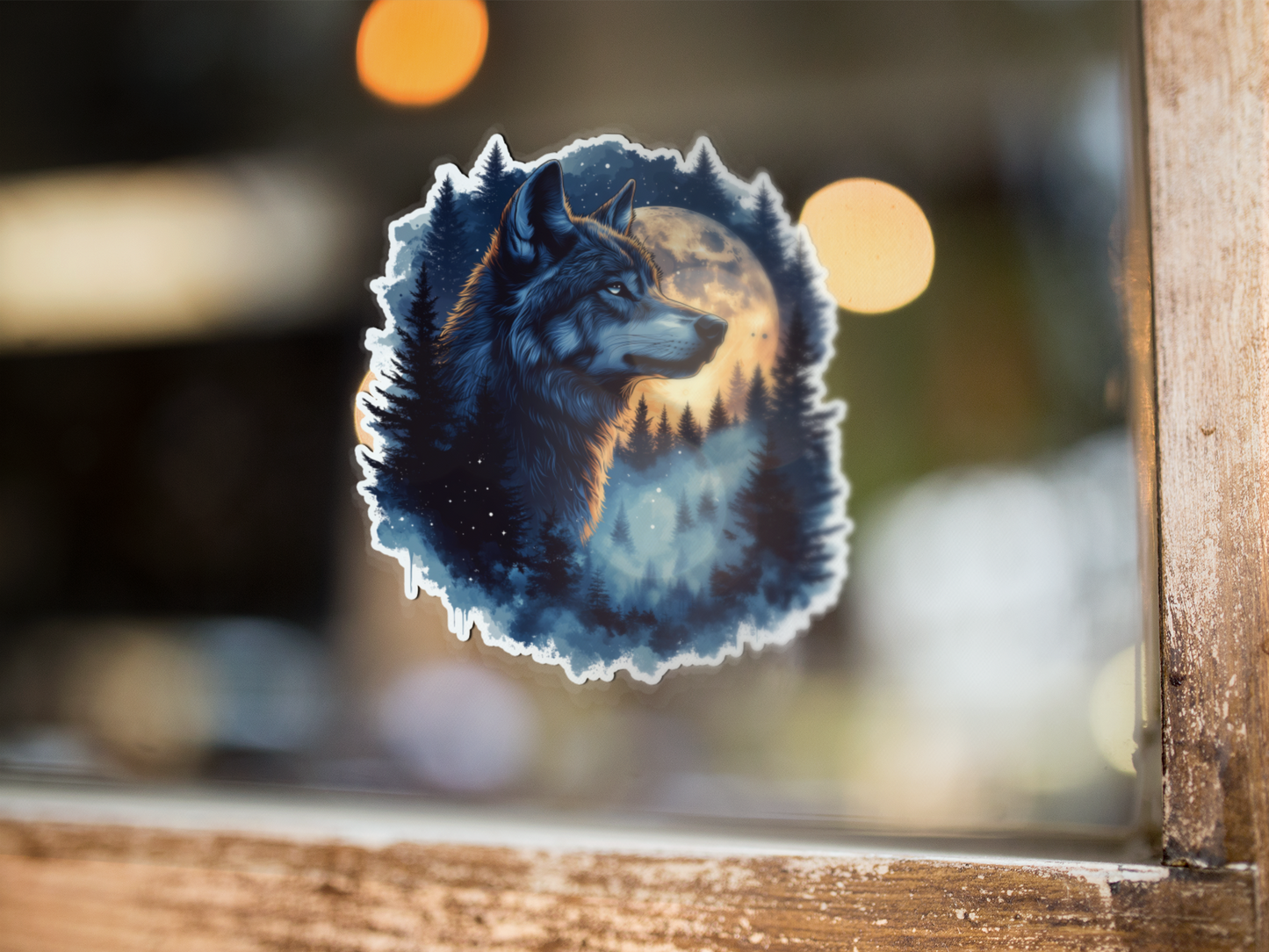 Double Exposure Timber Wolf with the Moon - Vinyl Decal